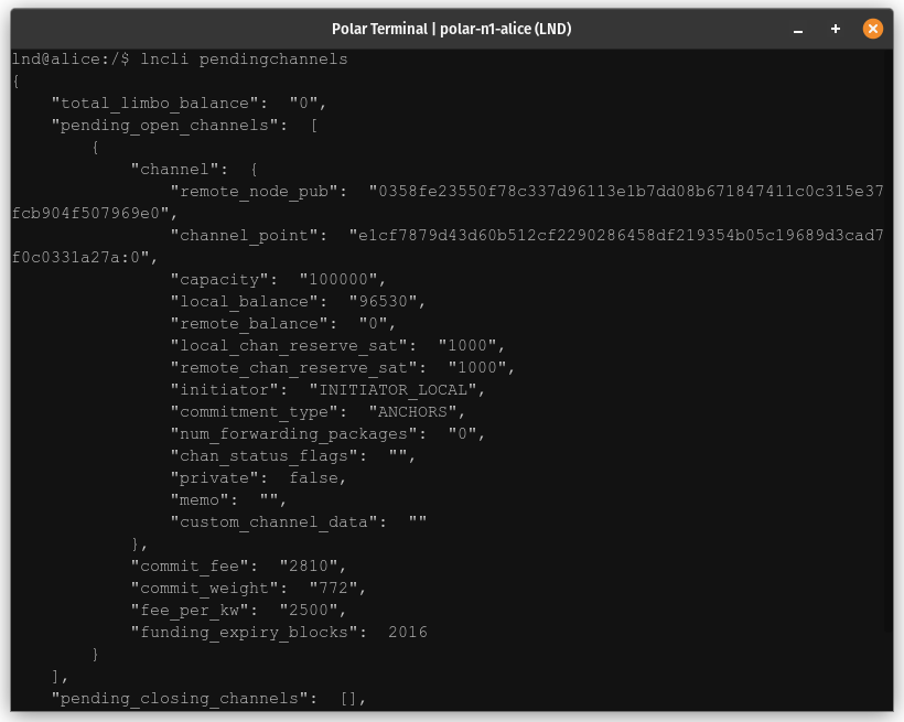 lncli pendingchannels